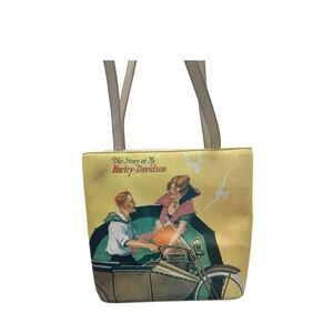 Harley Davidson Story Novelty Tote Bag Cream Tan Graphic Print Top Handle